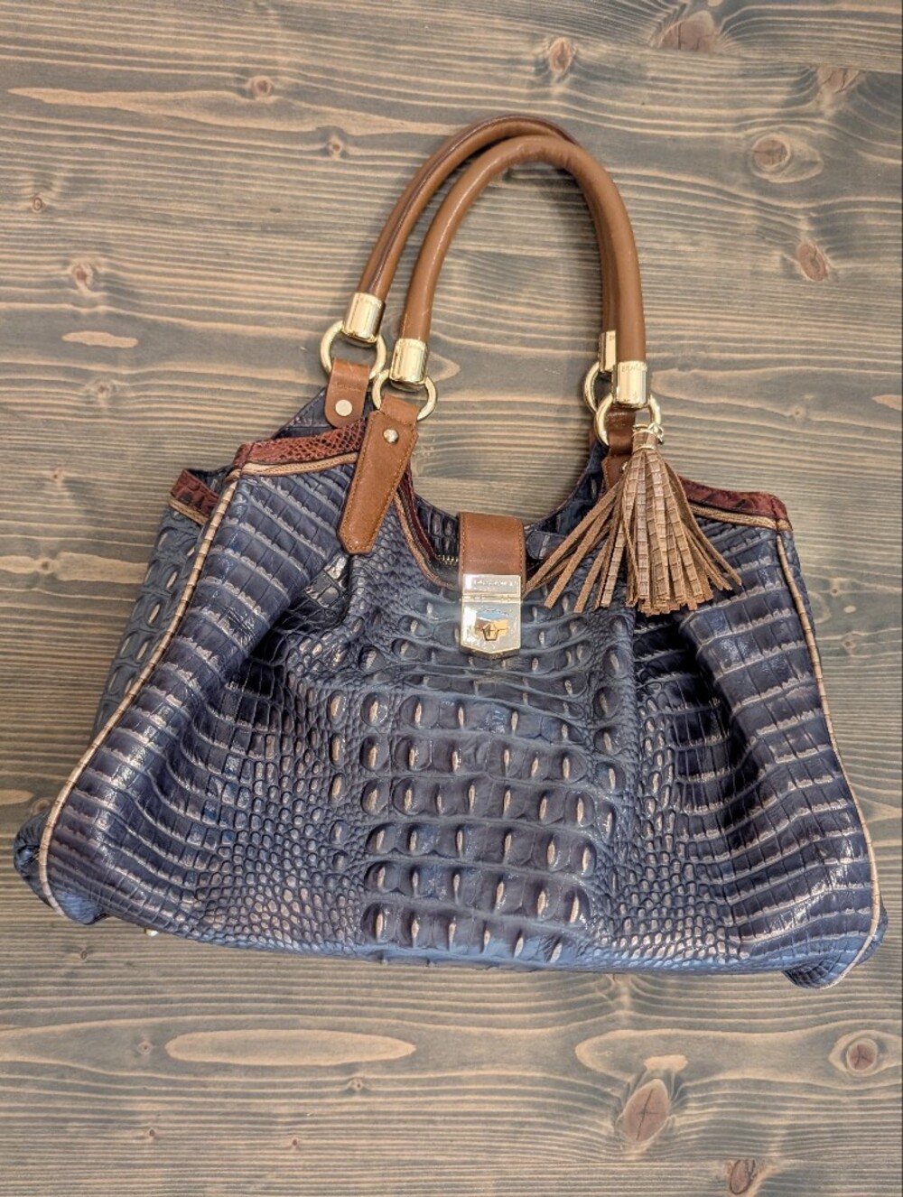 Brahmin Large Blue Brown Croc Satchel Purse Handbag